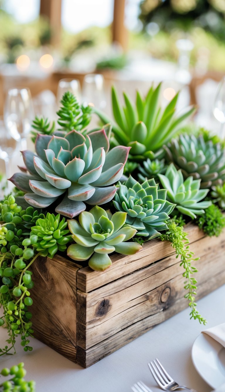 A rustic wooden box filled with various green succulents arranged as a wedding table centerpiece.