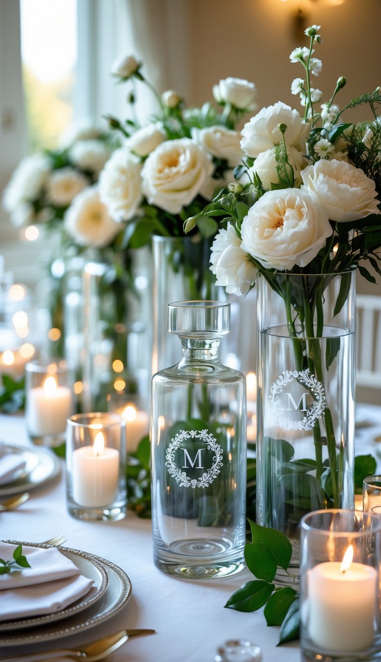 A wedding table centerpiece with clear glass vases engraved with monograms, filled with white and pink flowers and greenery, arranged on a white linen-covered table.