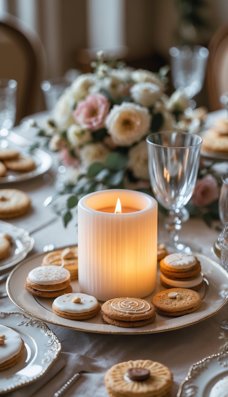 A flameless LED candle surrounded by assorted cookies on a wedding table centerpiece.