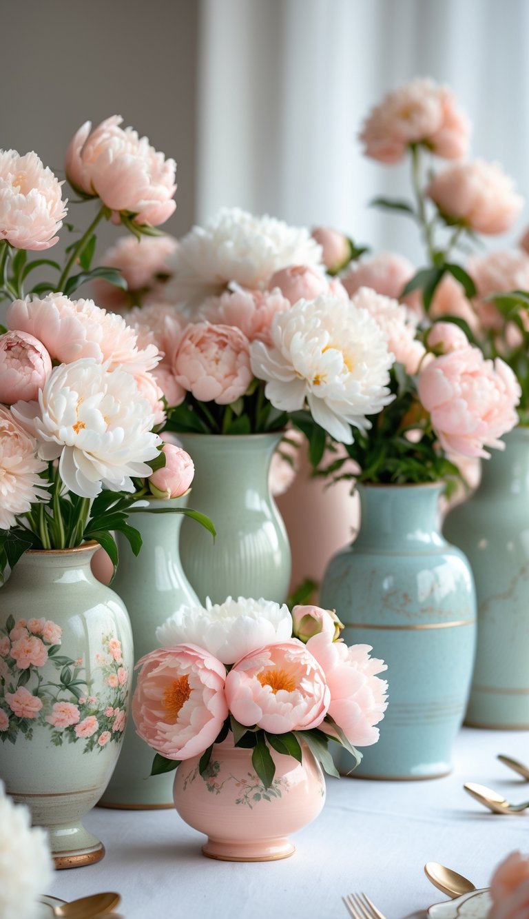 A table with vintage ceramic vases filled with blooming peonies arranged as wedding centerpieces.
