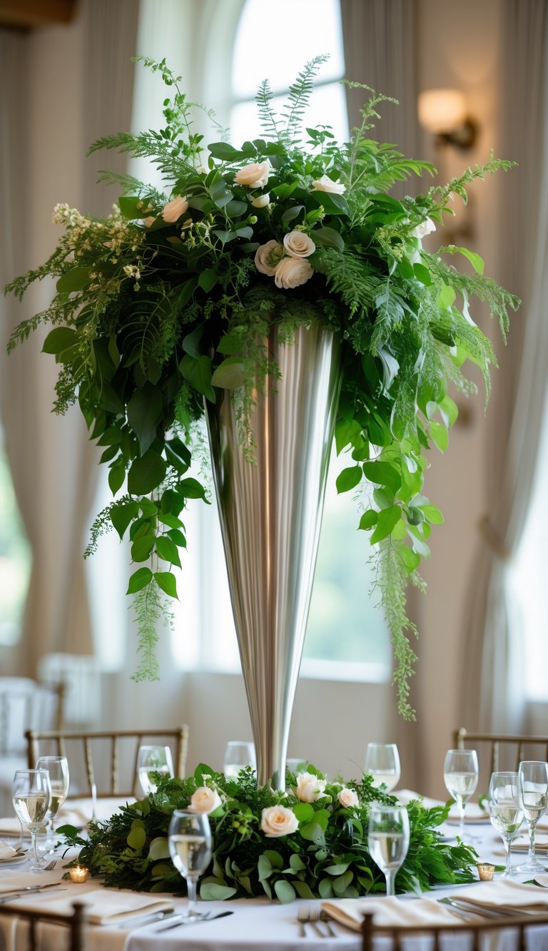 A tall metal vase with cascading green leaves as a wedding table centerpiece.