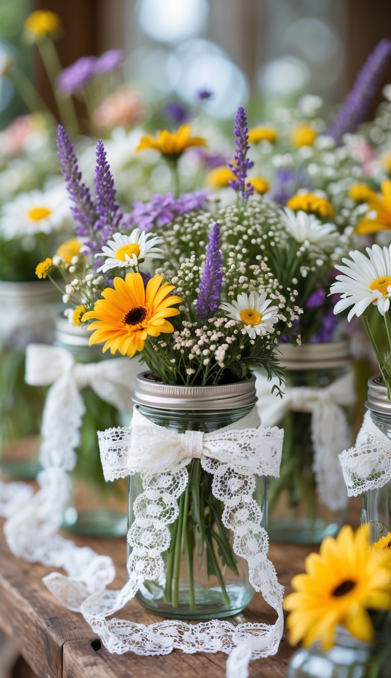Wedding table centerpiece with mason jars filled with wildflowers and decorated with lace ribbons on a wooden table.