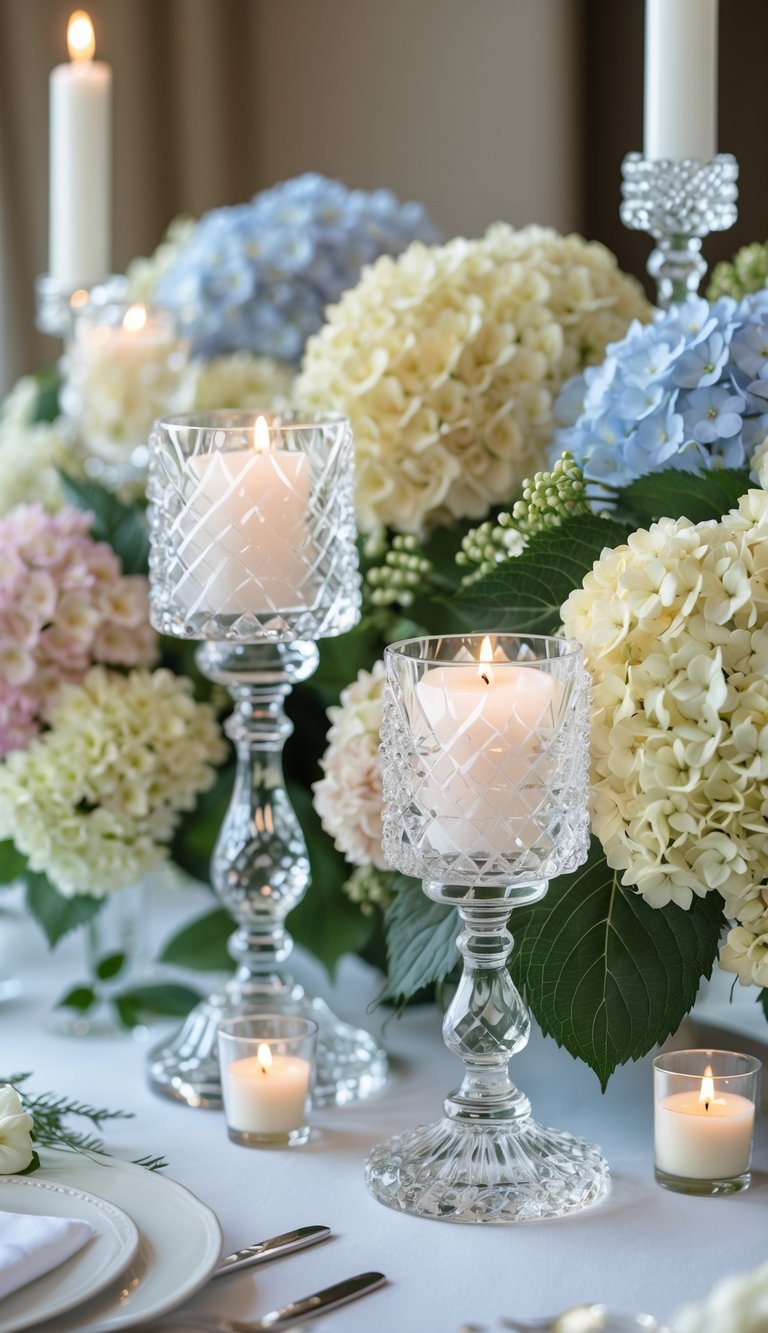 A wedding table centerpiece with crystal candle holders and hydrangea flowers arranged on a white table.