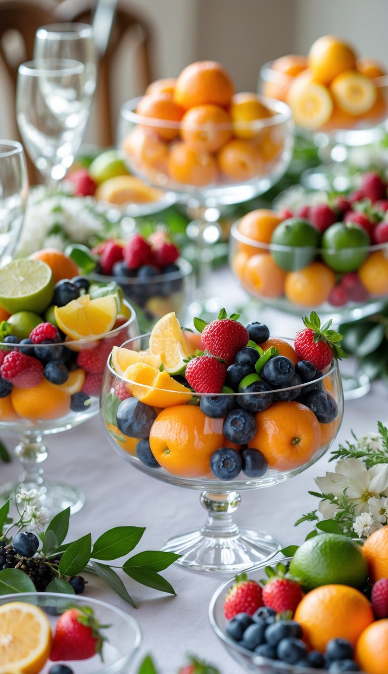 Glass bowls filled with citrus fruits and berries arranged as wedding table centerpieces.