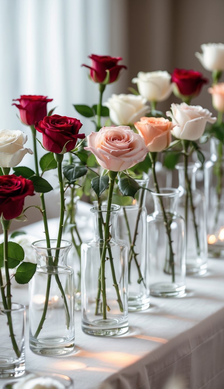 A group of clear glass bud vases each holding a single rose stem arranged on a table as wedding centerpieces.