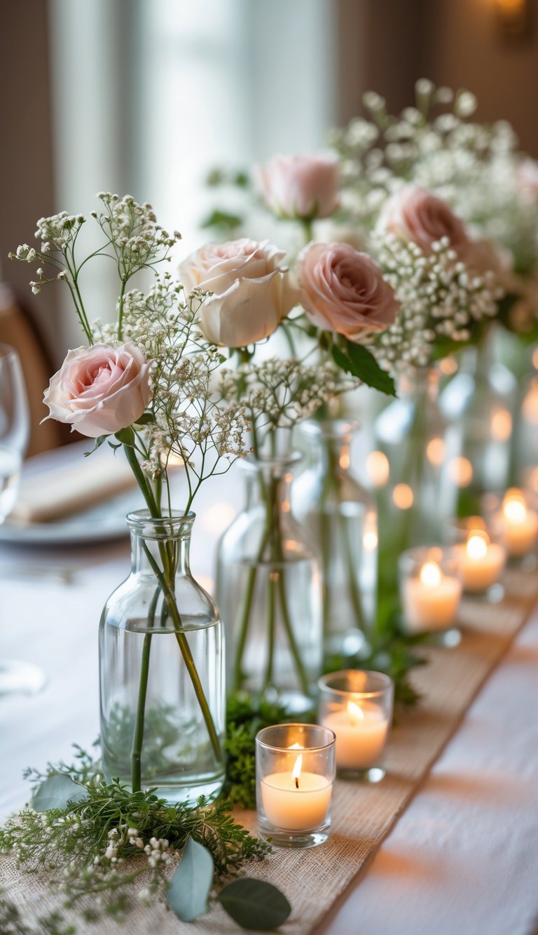 A wedding table centerpiece with short bud vases holding flowers and small votive candles glowing softly on a table.