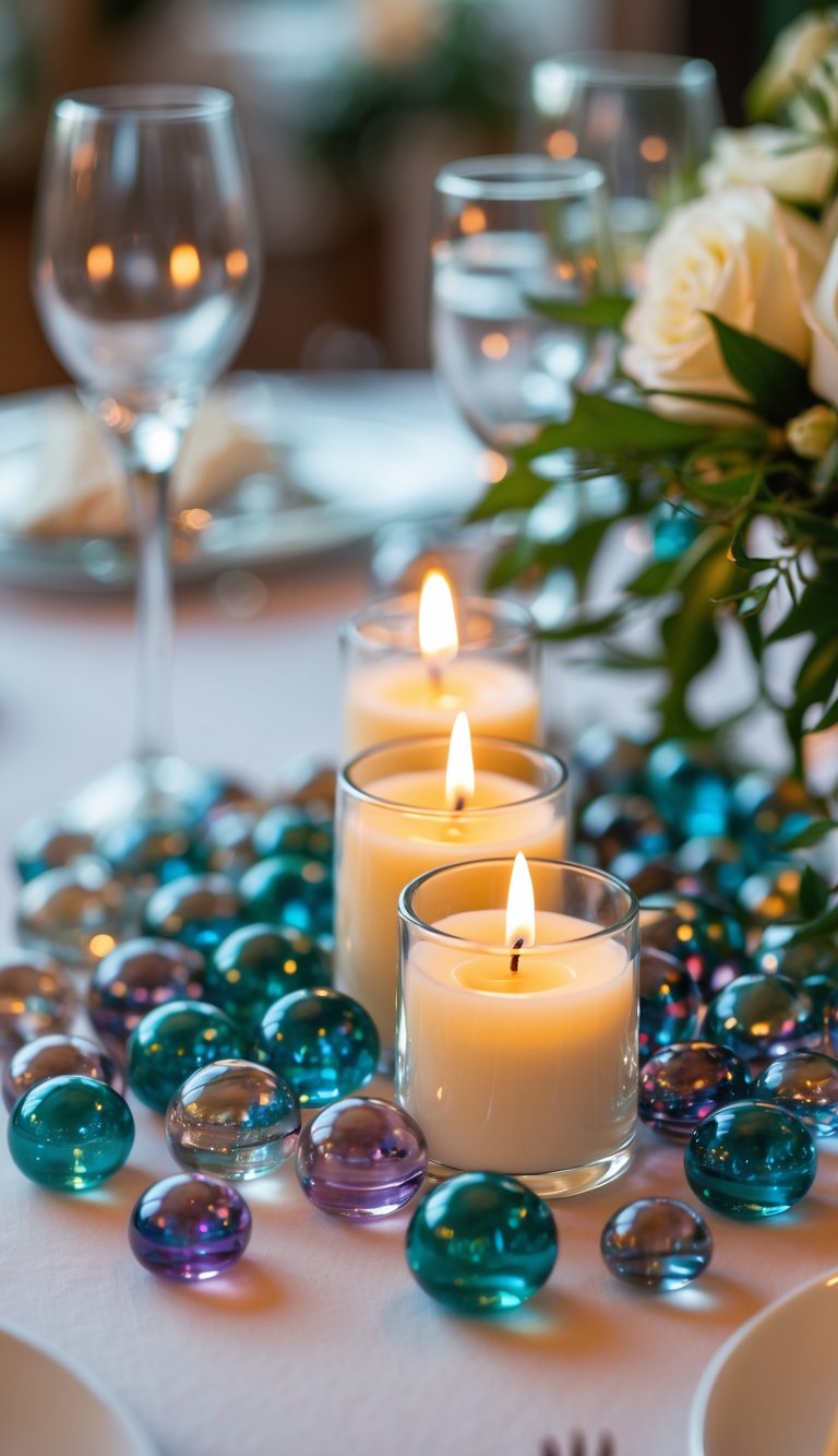 A wedding table centerpiece with three lit votive candles surrounded by scattered colorful glass marbles on a white tablecloth.