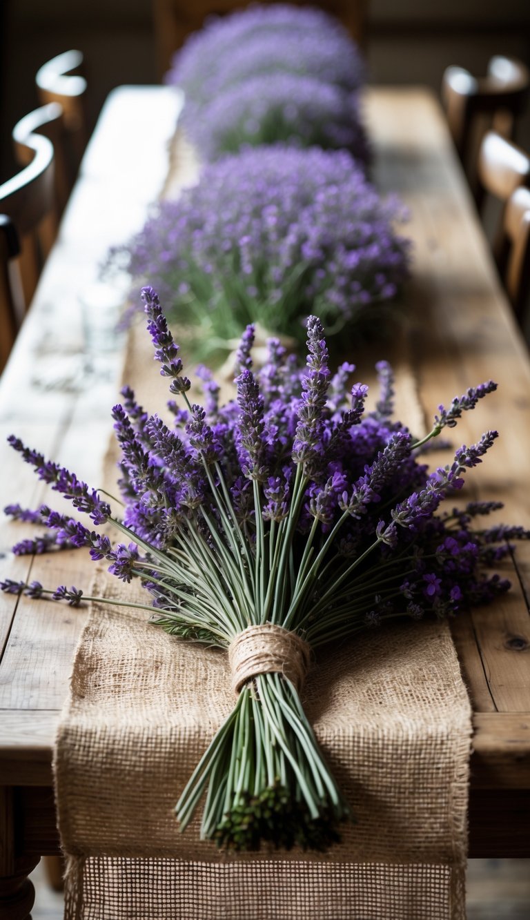 A wooden table with a burlap runner and several bunches of fresh lavender arranged as a wedding centerpiece.