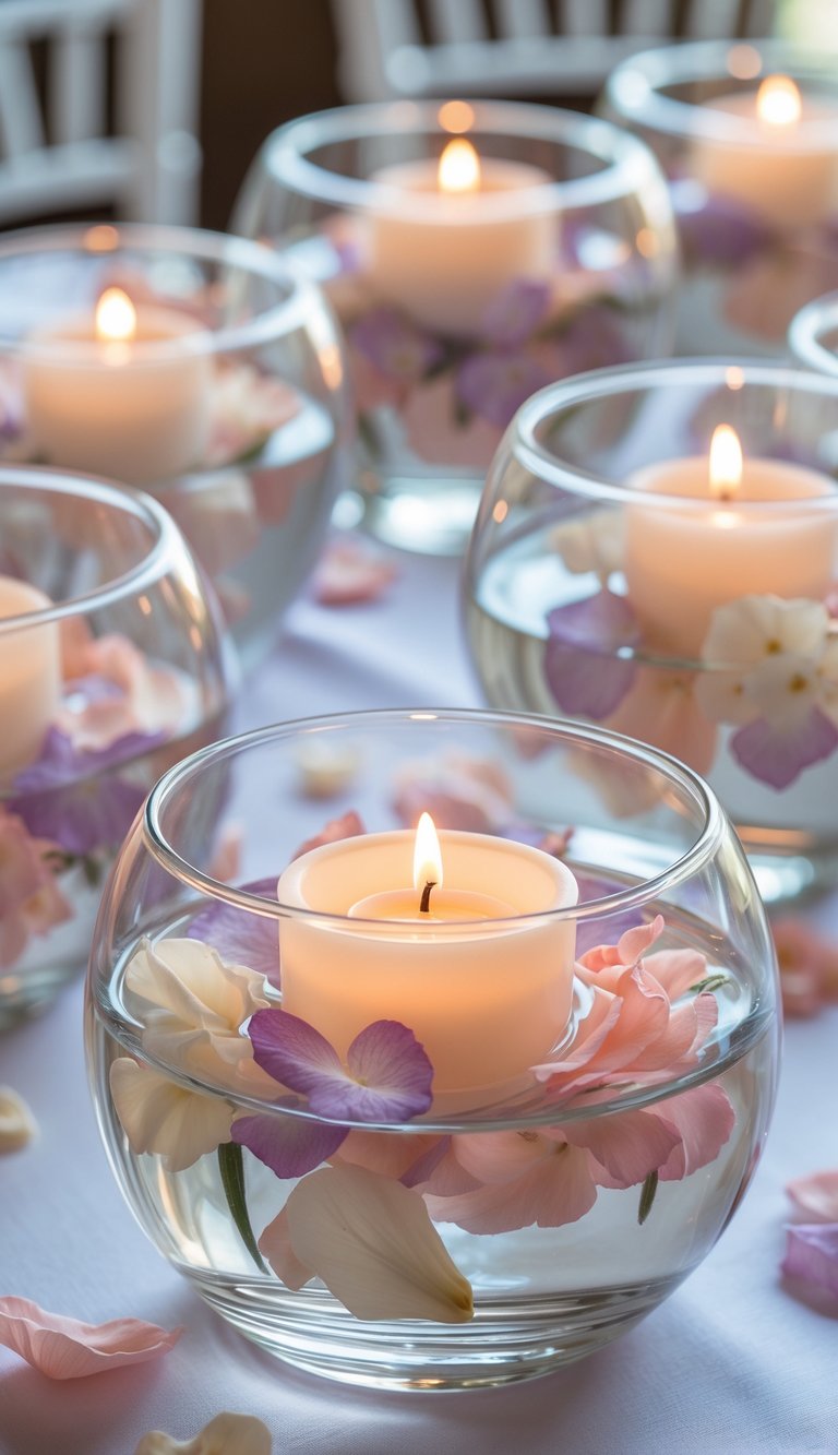 Glass bowls with floating lit candles and flower petals arranged on a wedding table.