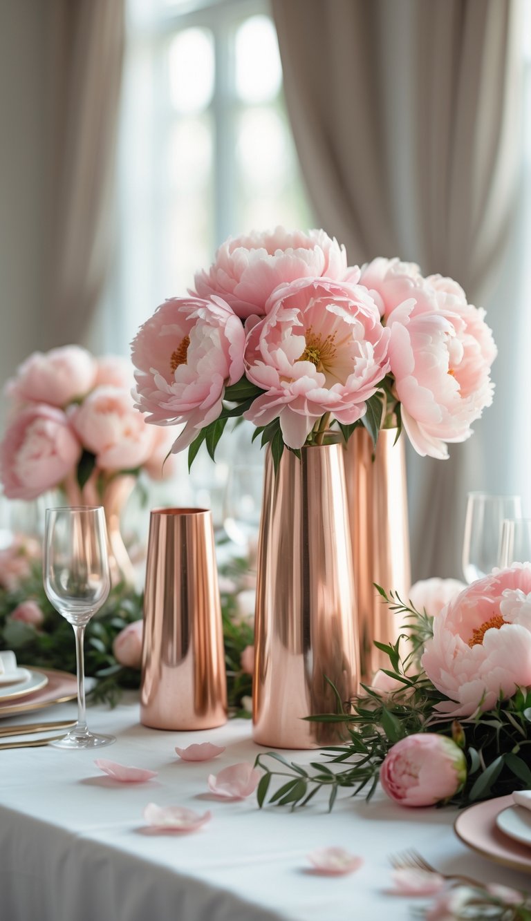 A wedding table centerpiece with rose gold metallic vases holding blush pink peonies arranged on a white table.