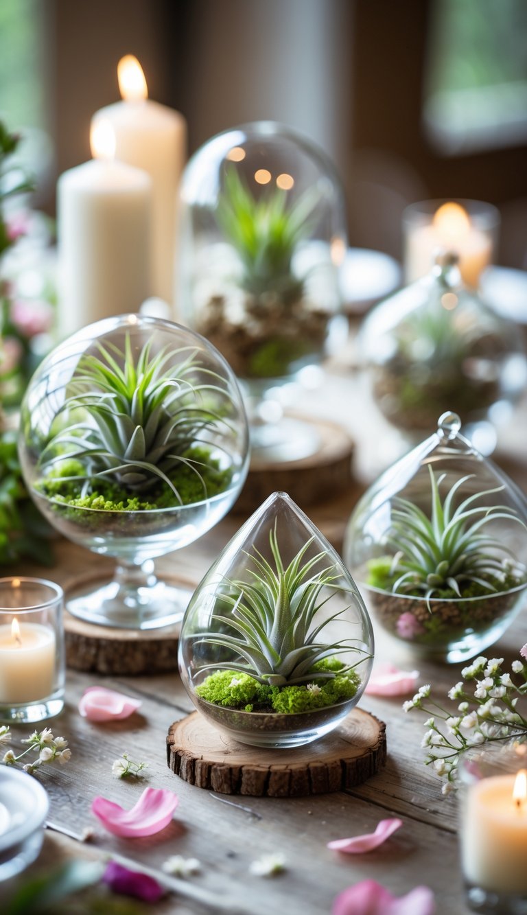 A collection of small glass terrariums with green air plants arranged as wedding table centerpieces on a wooden table with candles and flower petals.