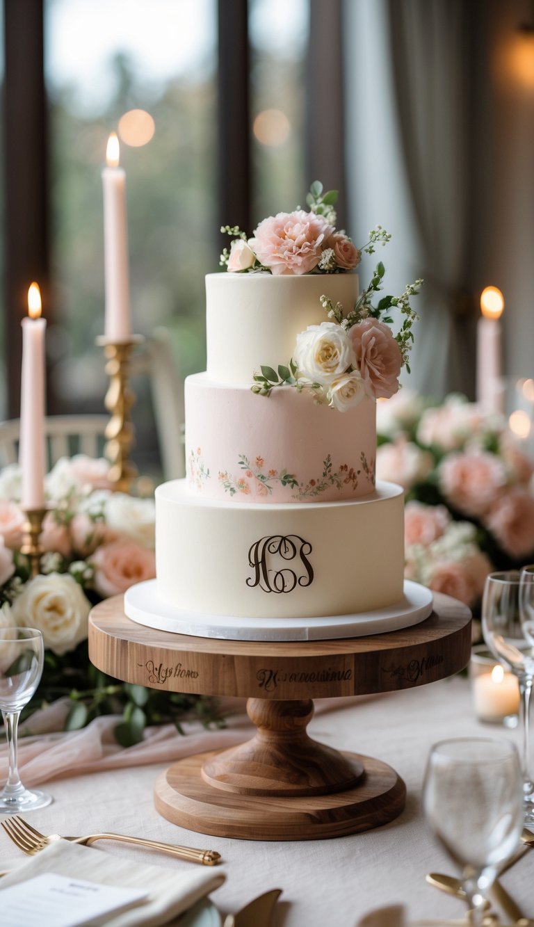 A wooden cake stand with a monogram holding a decorated wedding cake surrounded by flowers and candles on a wedding table.