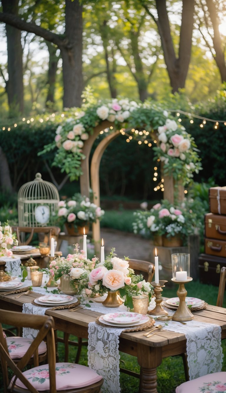 An outdoor garden wedding setup with rustic wooden tables, vintage floral decorations, and a wooden arch surrounded by greenery and flowers.
