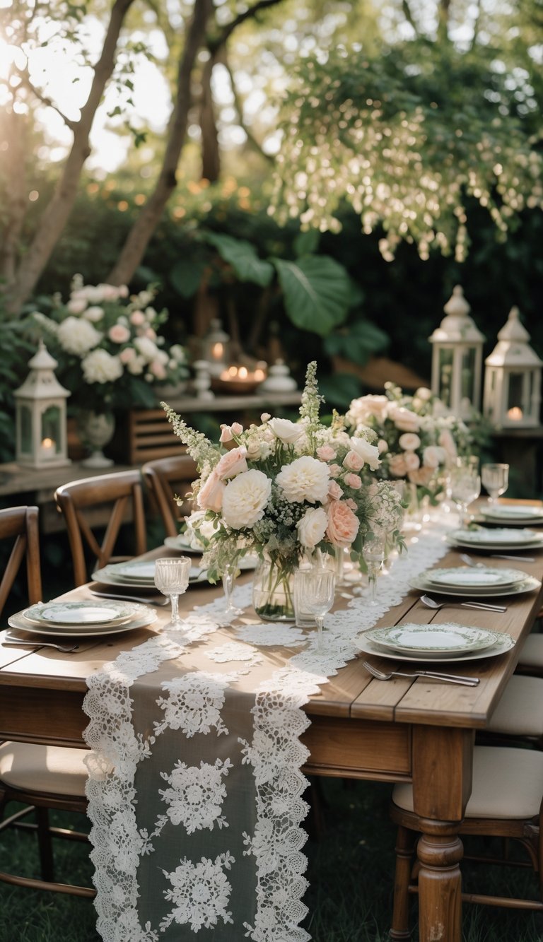 Outdoor garden wedding table set with lace runners, floral centerpieces, candles, and elegant tableware surrounded by greenery.
