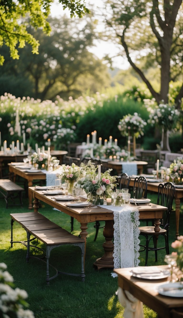 An outdoor garden wedding setup with antique wooden benches and chairs arranged around tables for sixteen guests, surrounded by flowers and greenery.