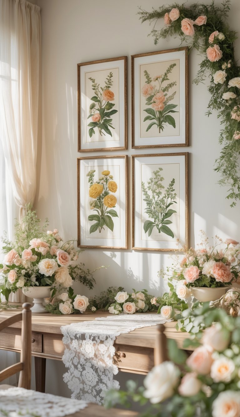 A sunlit room with framed vintage botanical prints on the wall, surrounded by floral arrangements and rustic wooden furniture.