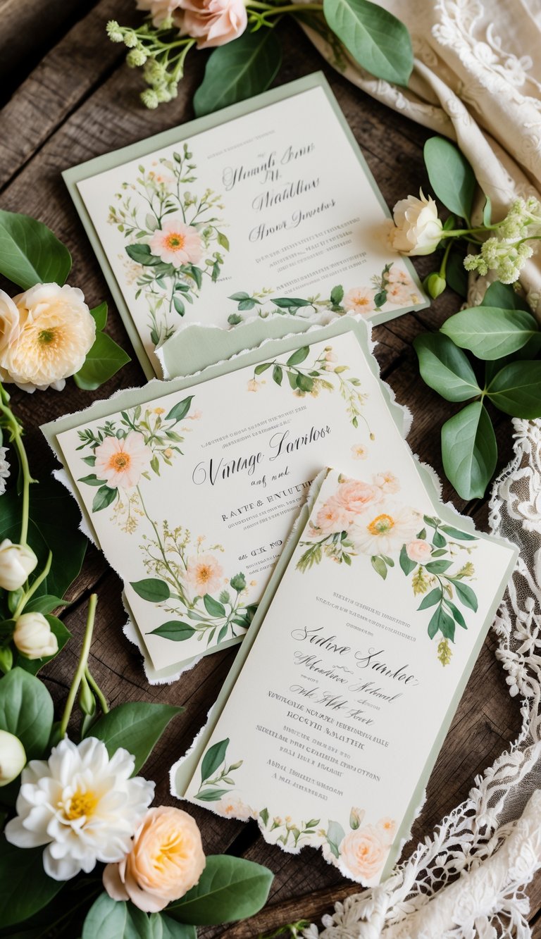A set of wedding invitations with torn edges displayed on a wooden table surrounded by flowers and leaves.