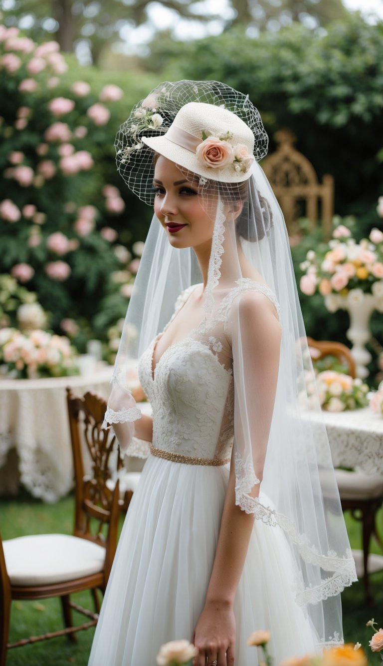 A bride wearing a birdcage veil and hat stands in a garden surrounded by flowers and wedding decor.