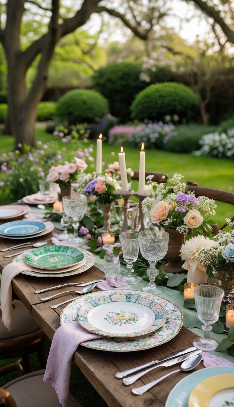 An outdoor garden wedding table with mismatched vintage china plates, glassware, silverware, floral centerpieces, and candles set on a wooden table surrounded by greenery and flowers.