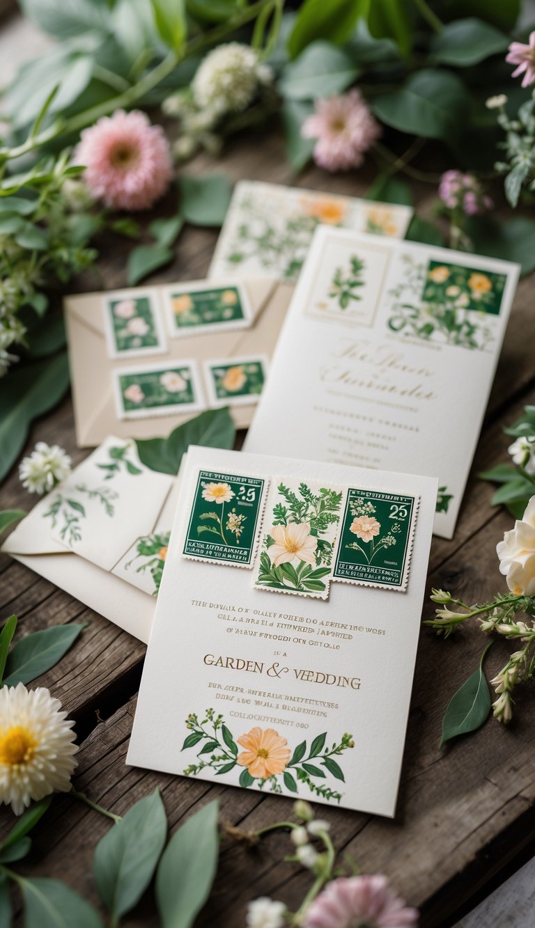 A collection of wedding invitations decorated with vintage postage stamps, surrounded by flowers and greenery on a wooden table.