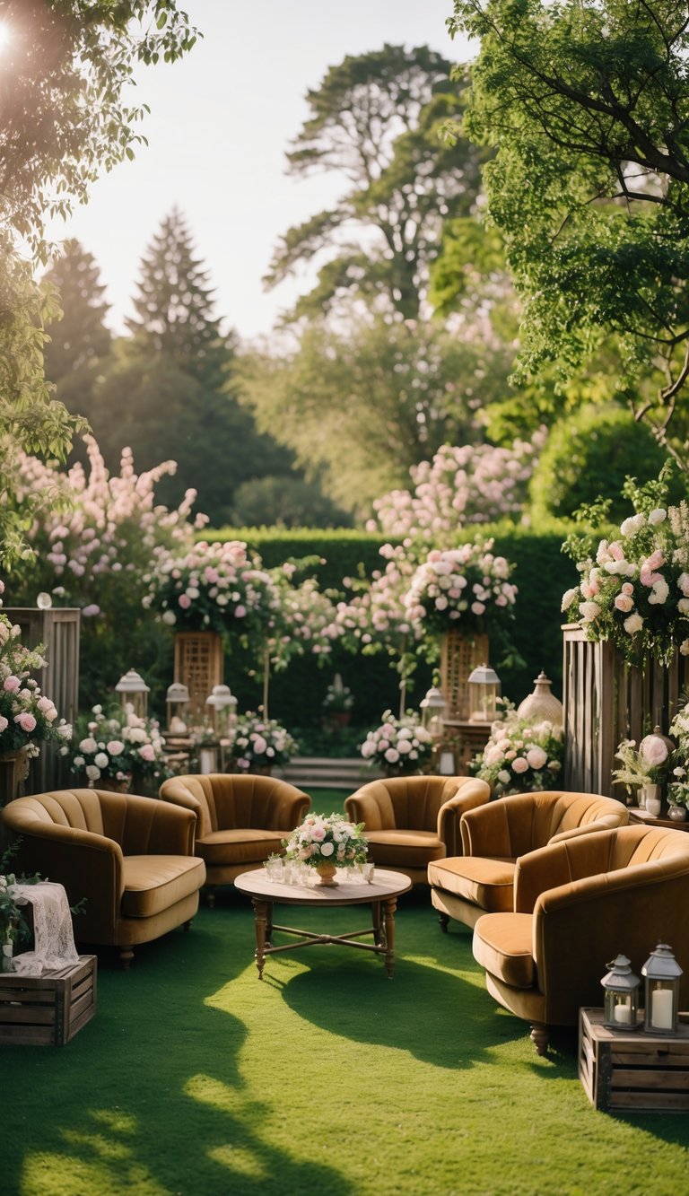 Outdoor garden wedding seating area with velvet sofas surrounded by flowers and greenery.
