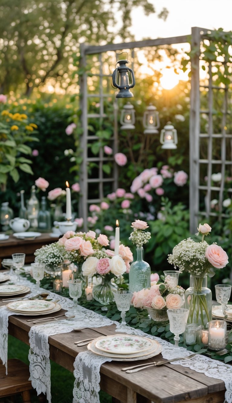 Outdoor garden wedding setup with wooden tables decorated with vintage vases, pastel flowers, lace runners, and antique tableware surrounded by greenery and hanging lanterns.