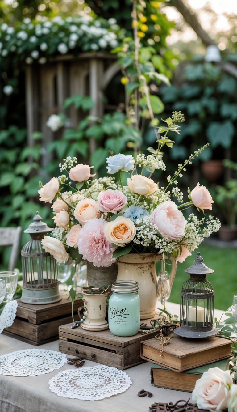 A wedding table centerpiece with pastel flowers in antique vases, surrounded by rustic decorations on a garden table.