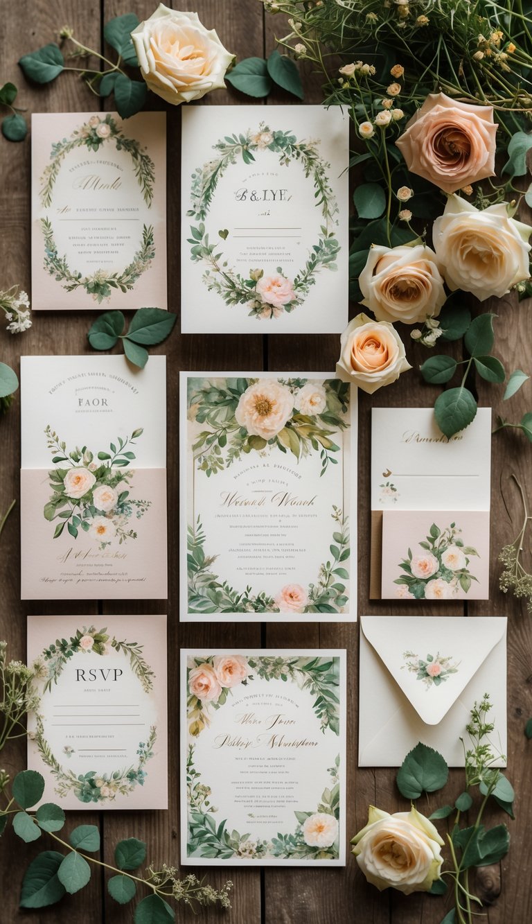 A flat lay of wedding stationery surrounded by flowers and greenery on a wooden surface.