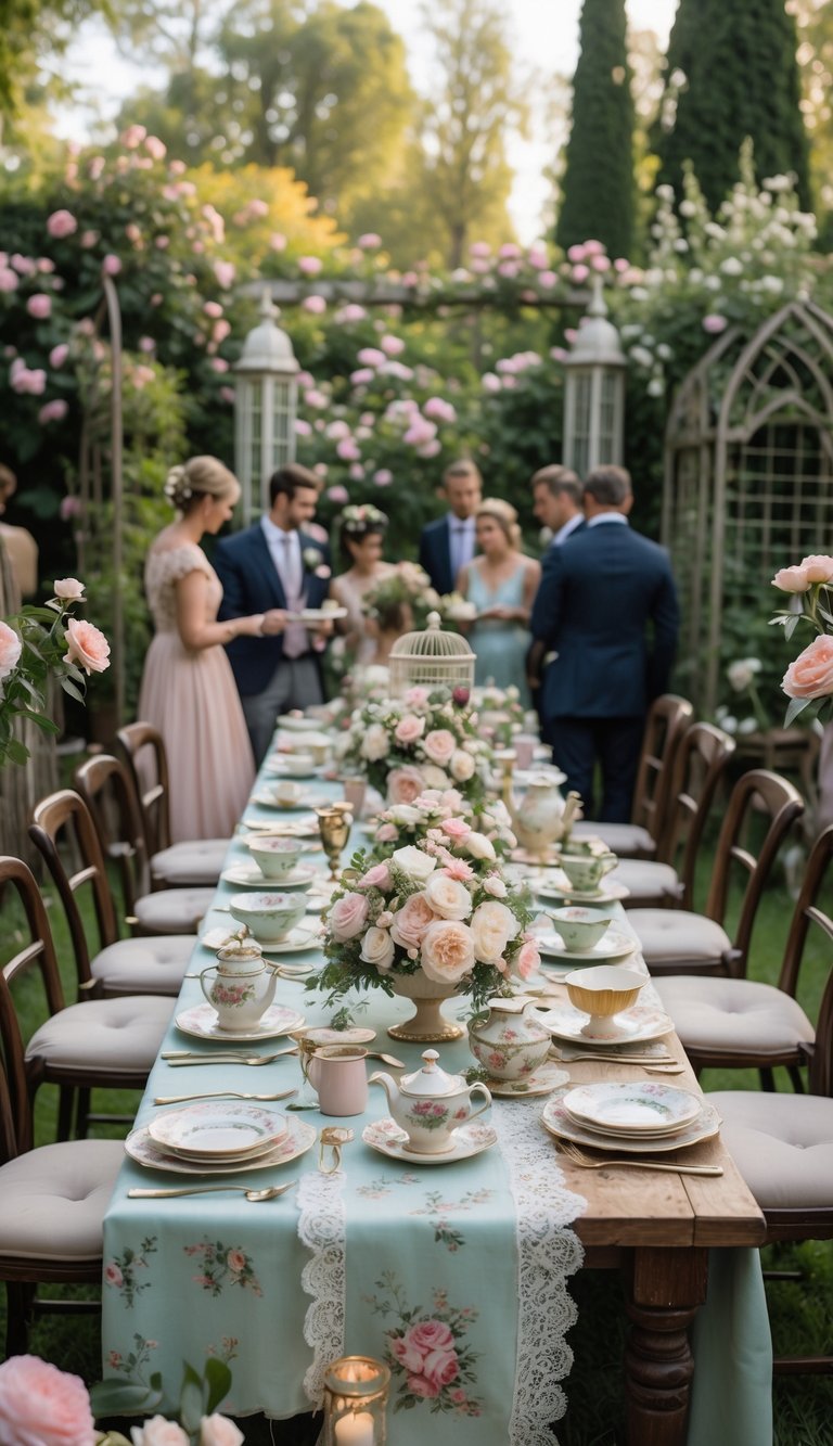 An outdoor wedding reception in a garden with a long table set for tea, decorated with flowers, teacups, and candles, surrounded by guests enjoying the event.