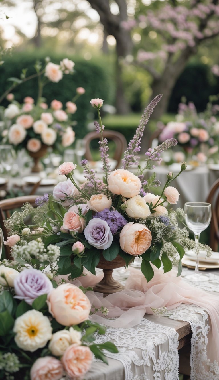A garden wedding scene with blooming pastel flowers, vintage decor, and greenery.