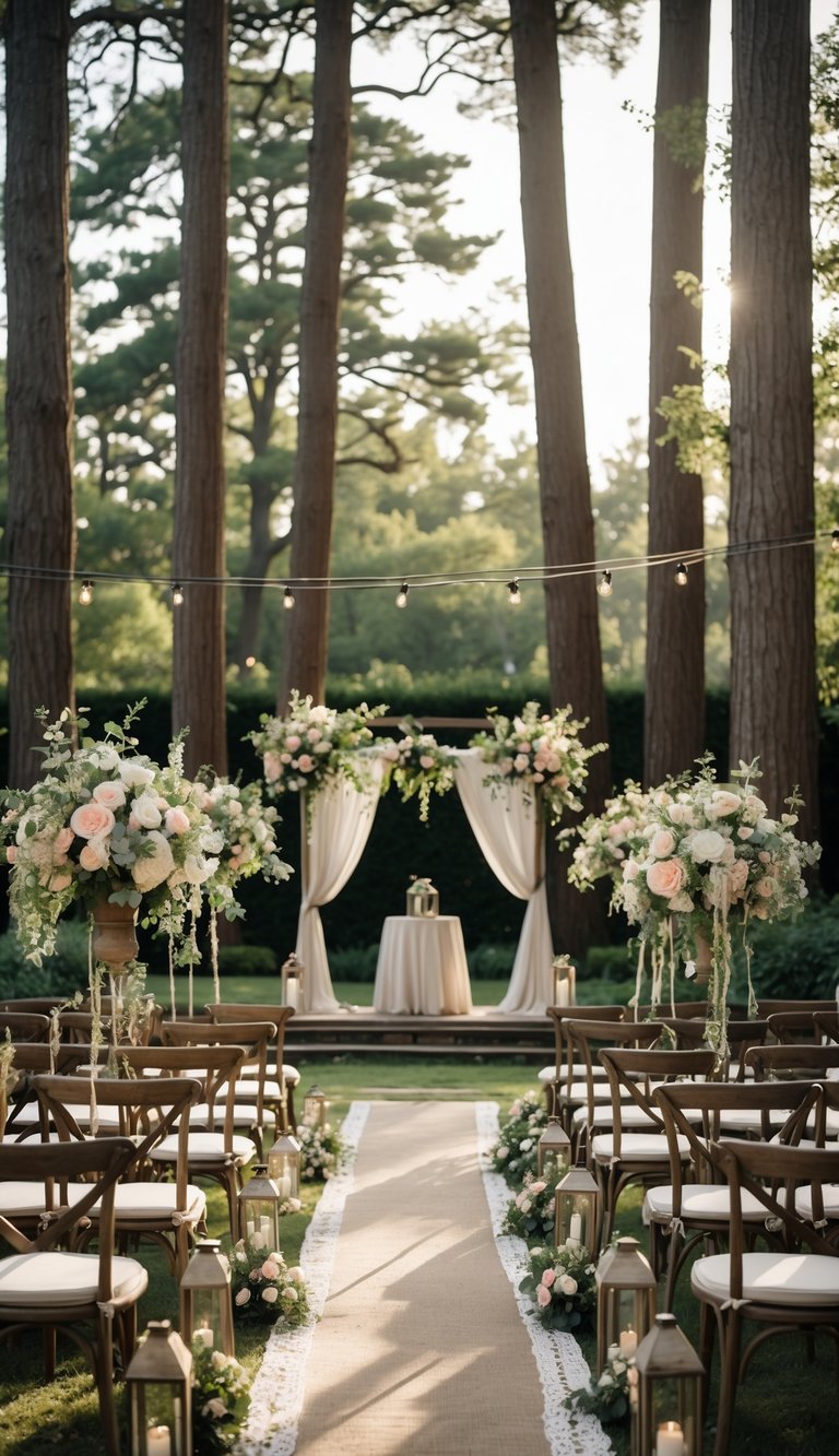 Outdoor wedding venue in a garden surrounded by tall trees with decorated seating and floral arrangements.