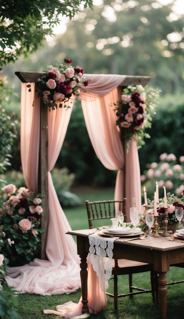 An outdoor garden wedding setup with a wooden arch draped in blush and berry fabrics surrounded by flowers and a decorated wooden table.