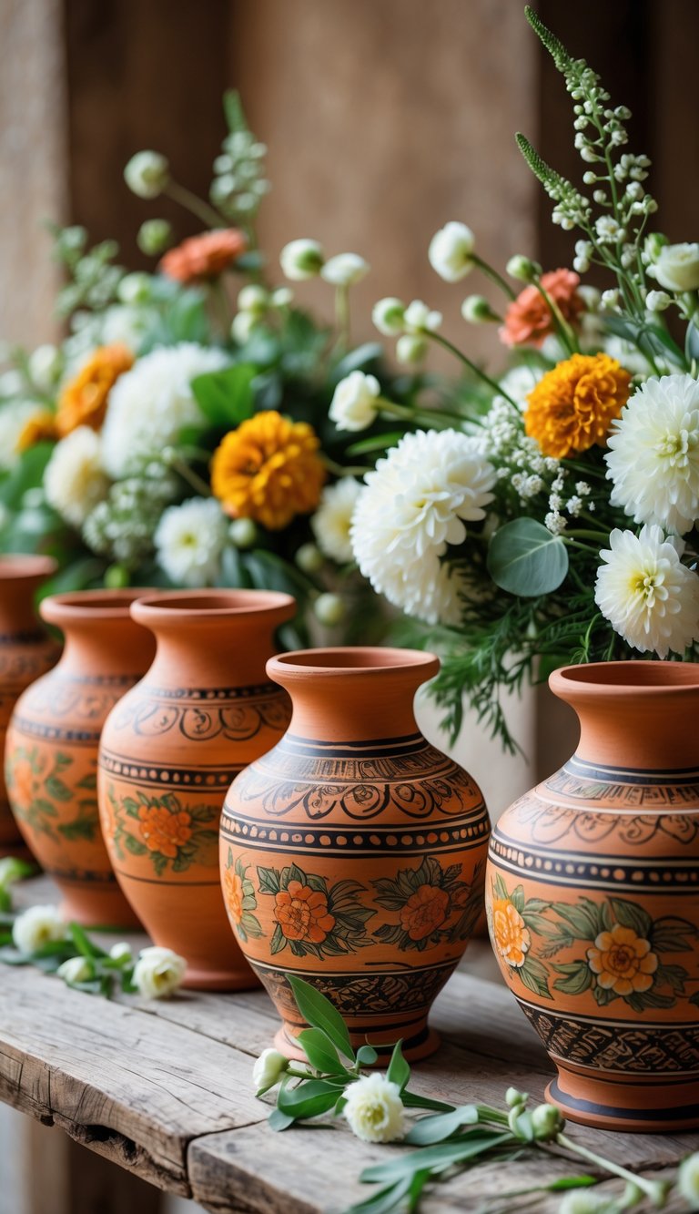 A table with hand-painted terracotta vessels and floral arrangements as centerpieces for a wedding.