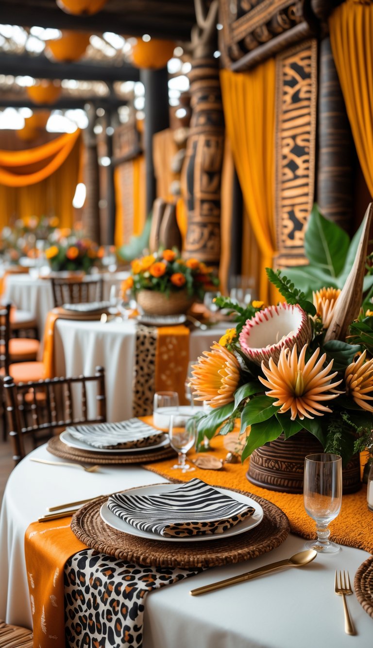 A beautifully decorated wedding venue with animal print accents, wooden carvings, vibrant flowers, and warm lighting.