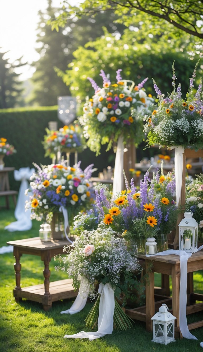 Colorful wildflower floral arrangements displayed outdoors in a garden setting with wooden tables and greenery.