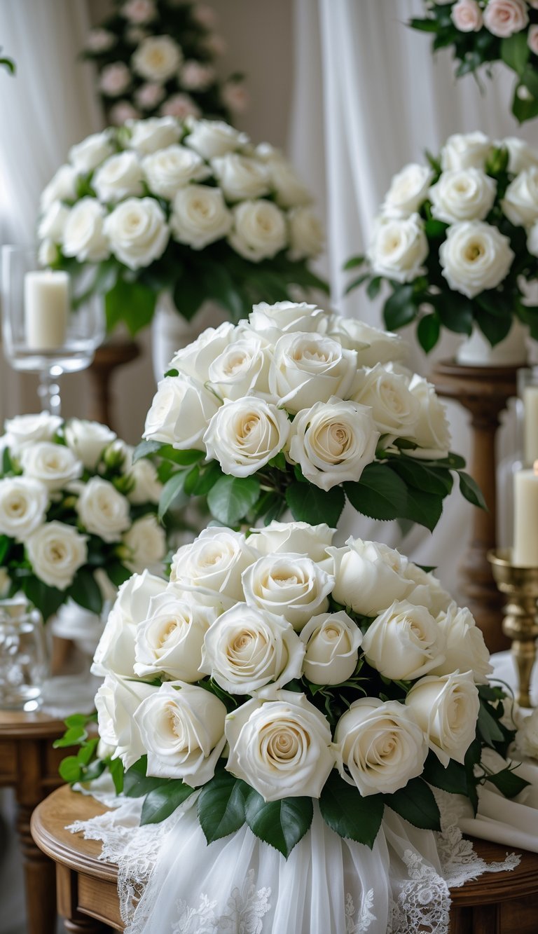 White rose bouquets arranged on tables with wedding decorations including candles and lace fabrics.
