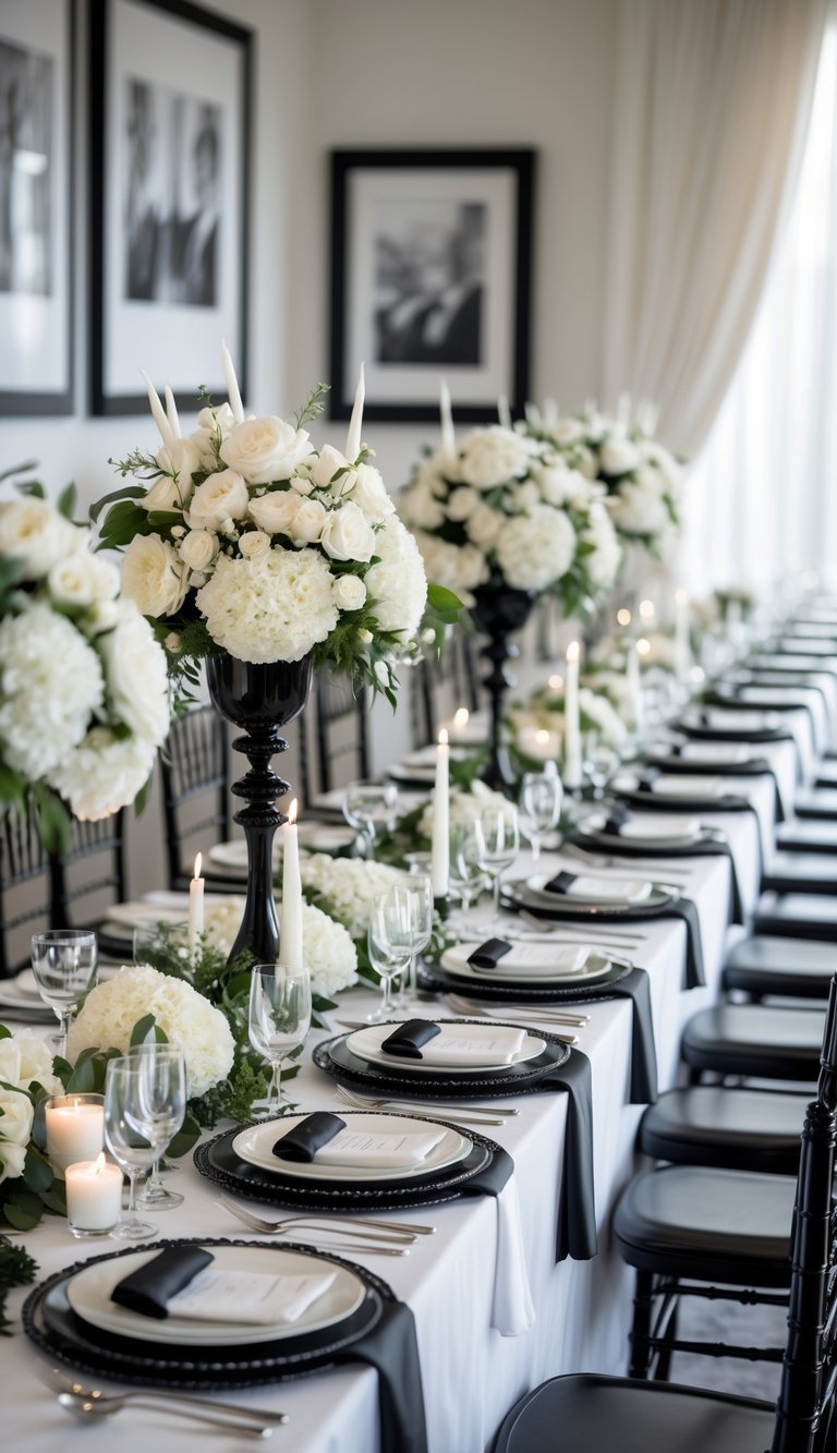 A wedding reception table decorated with white flowers, black ribbons, candles, and elegant table settings in a black and white color scheme.