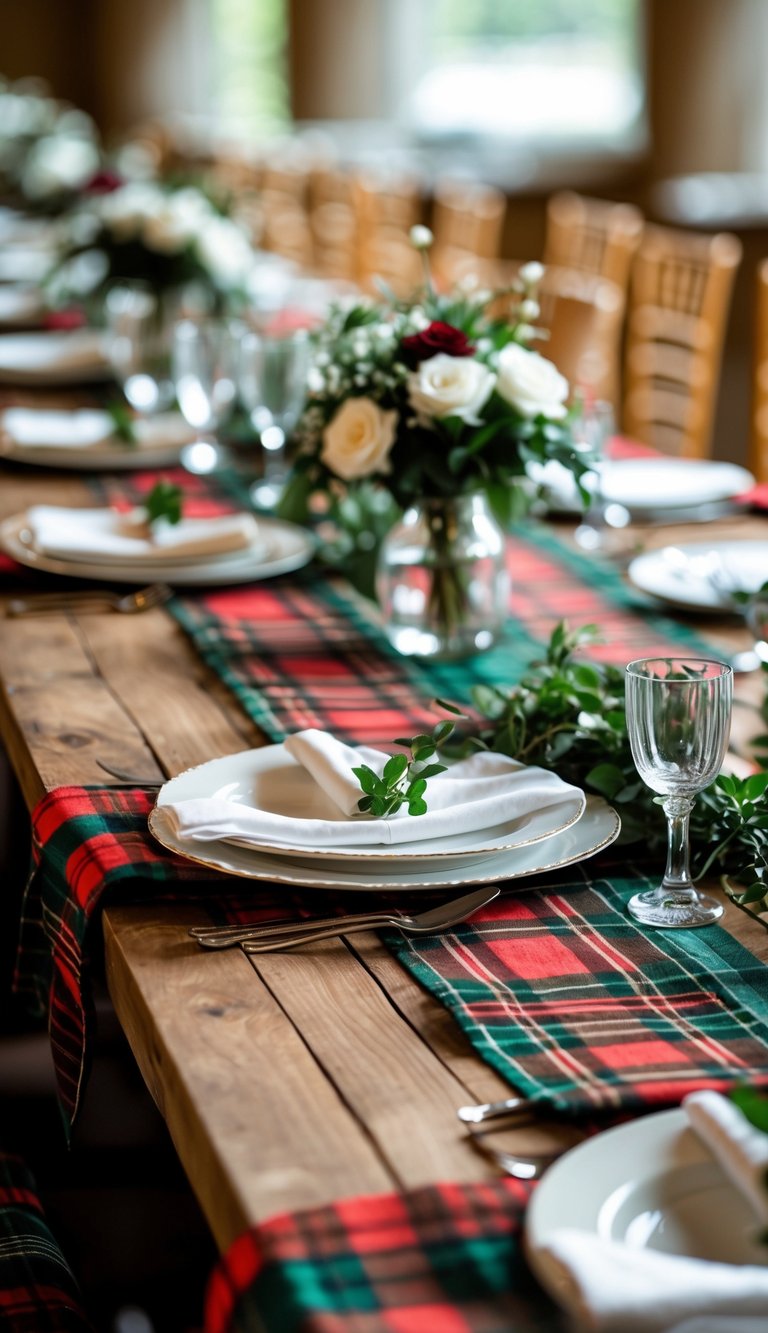 A wedding table set with tartan-patterned runners and napkins, white plates, silver cutlery, and floral centerpieces on a wooden table.