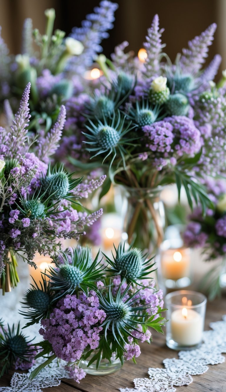 Close-up of wedding floral decorations featuring purple heather and blue thistle flowers arranged on a wooden table with candles.