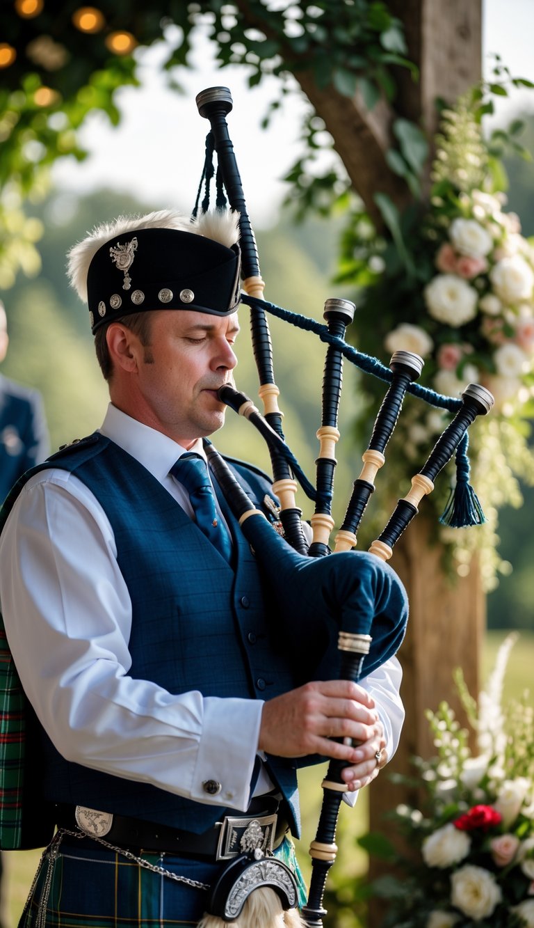 A musician playing bagpipes during a wedding ceremony with floral decorations and greenery in the background.