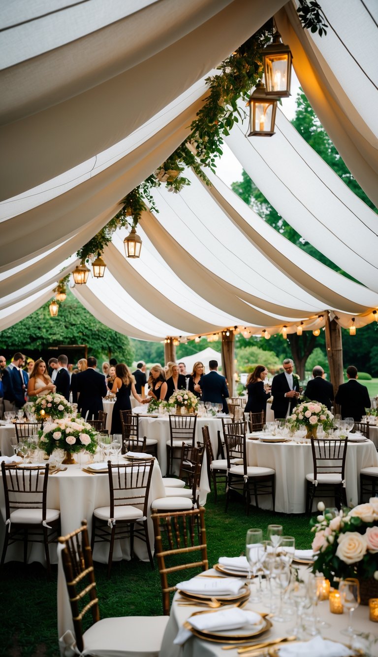 Outdoor wedding reception under large white sailcloth tents with decorated tables, floral centerpieces, and guests celebrating.
