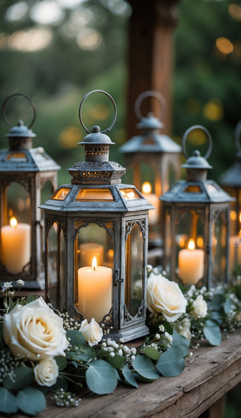 A group of vintage lanterns with lit candles surrounded by flowers on a wooden surface in an outdoor setting.