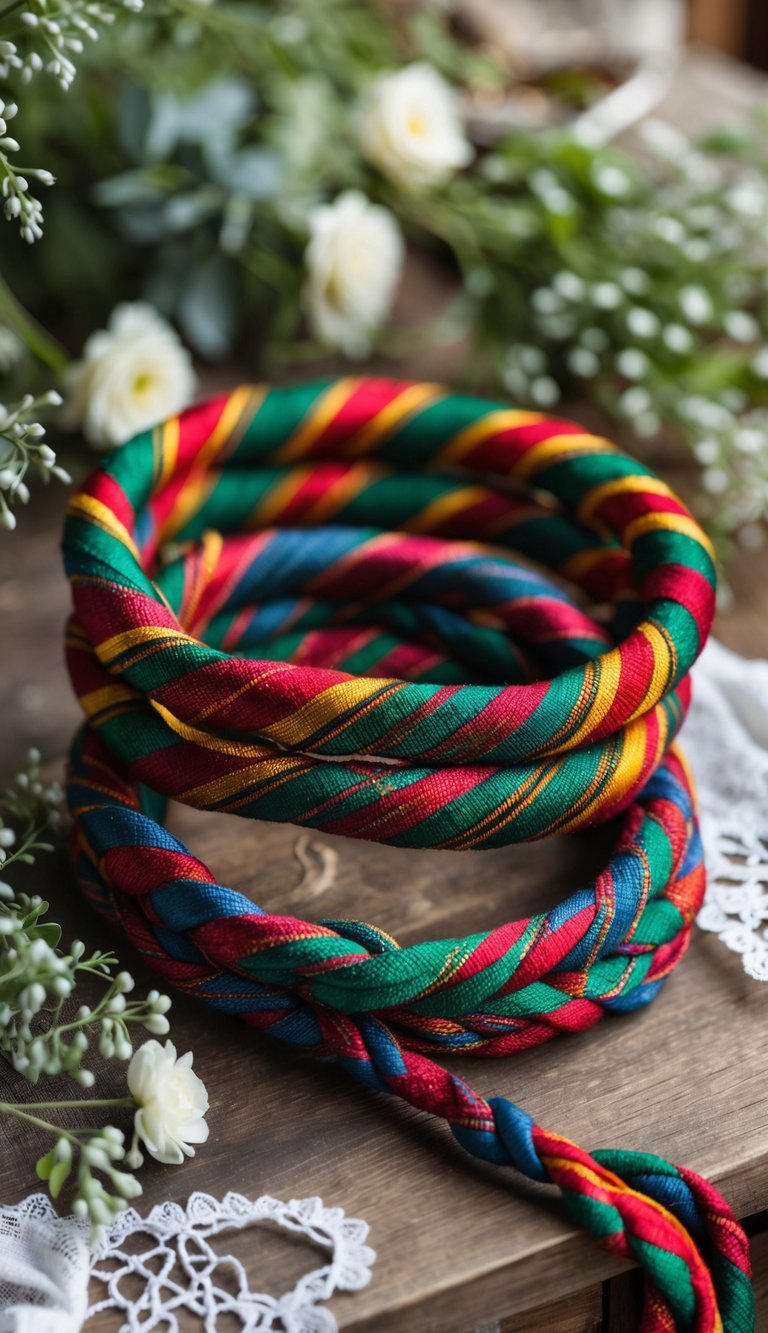 Close-up of braided handfasting cords in colorful family tartan patterns laid on a wooden surface with wedding decor elements around them.