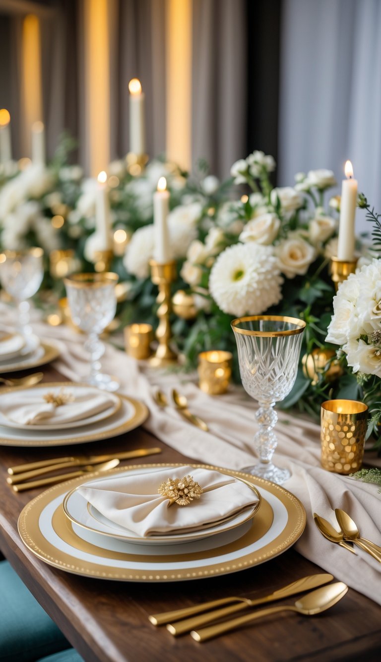 A wedding table set with gold-accented plates, flatware, floral centerpieces, and candles in an elegant reception space.