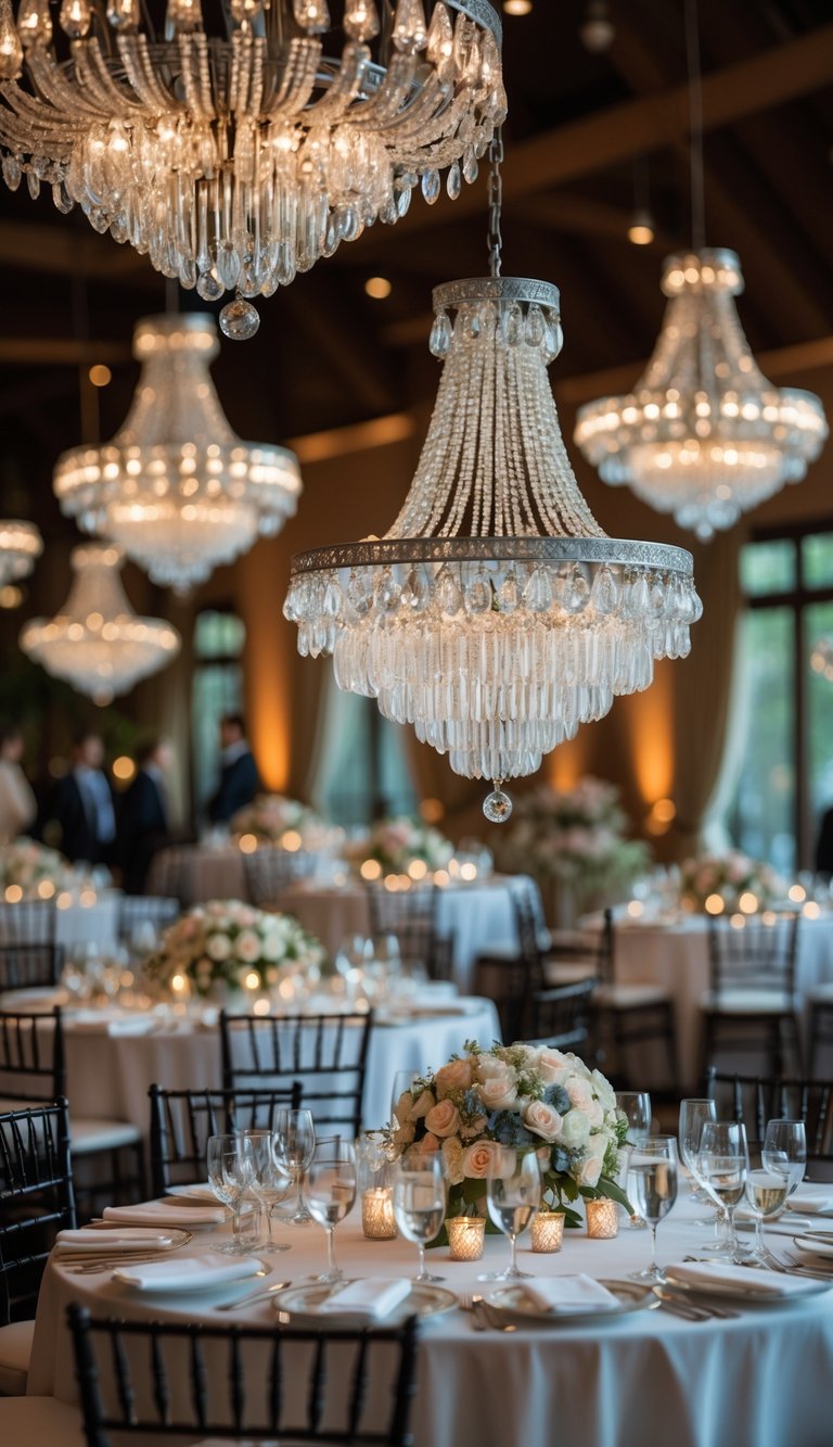 Indoor wedding reception with crystal chandeliers hanging above decorated dining tables.