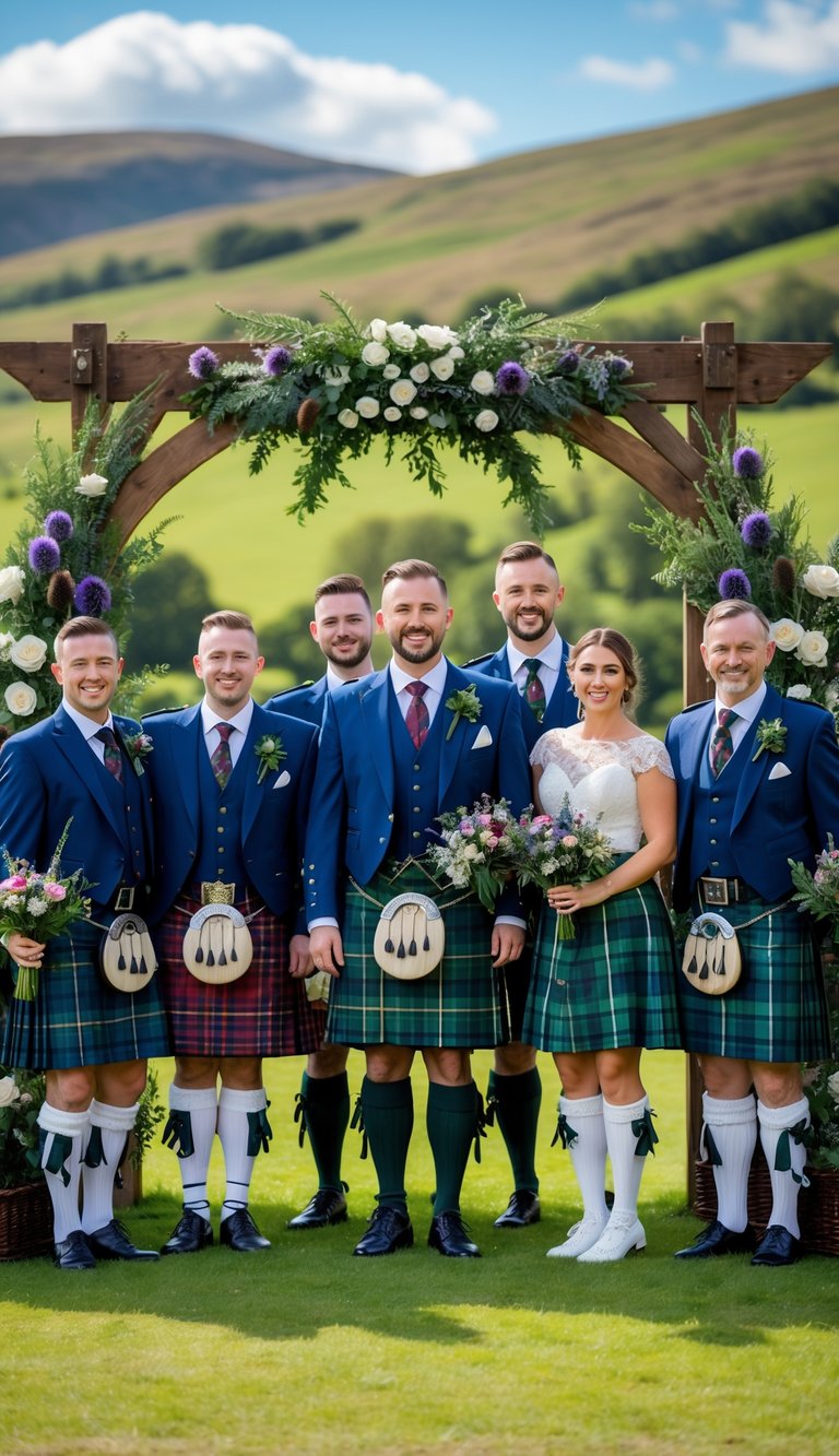 Wedding party outdoors wearing traditional Scottish kilts surrounded by floral decorations and greenery.