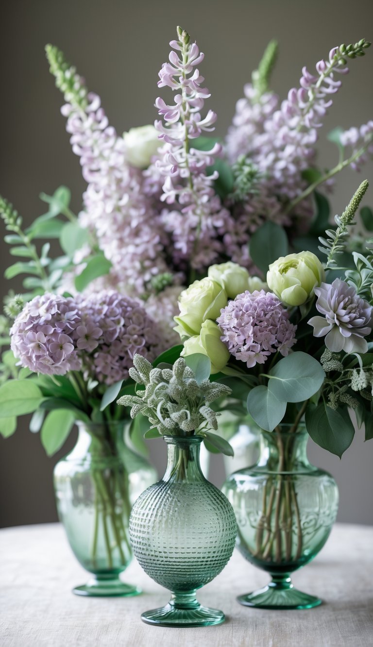 Floral centerpieces with lilac and sage green flowers arranged in vintage glass vases on a neutral surface.