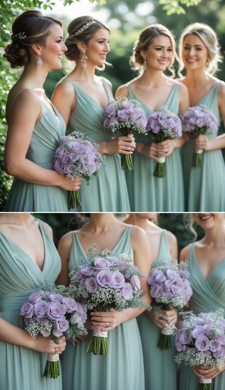 A group of bridesmaids in sage green dresses holding lilac flower bouquets outdoors.