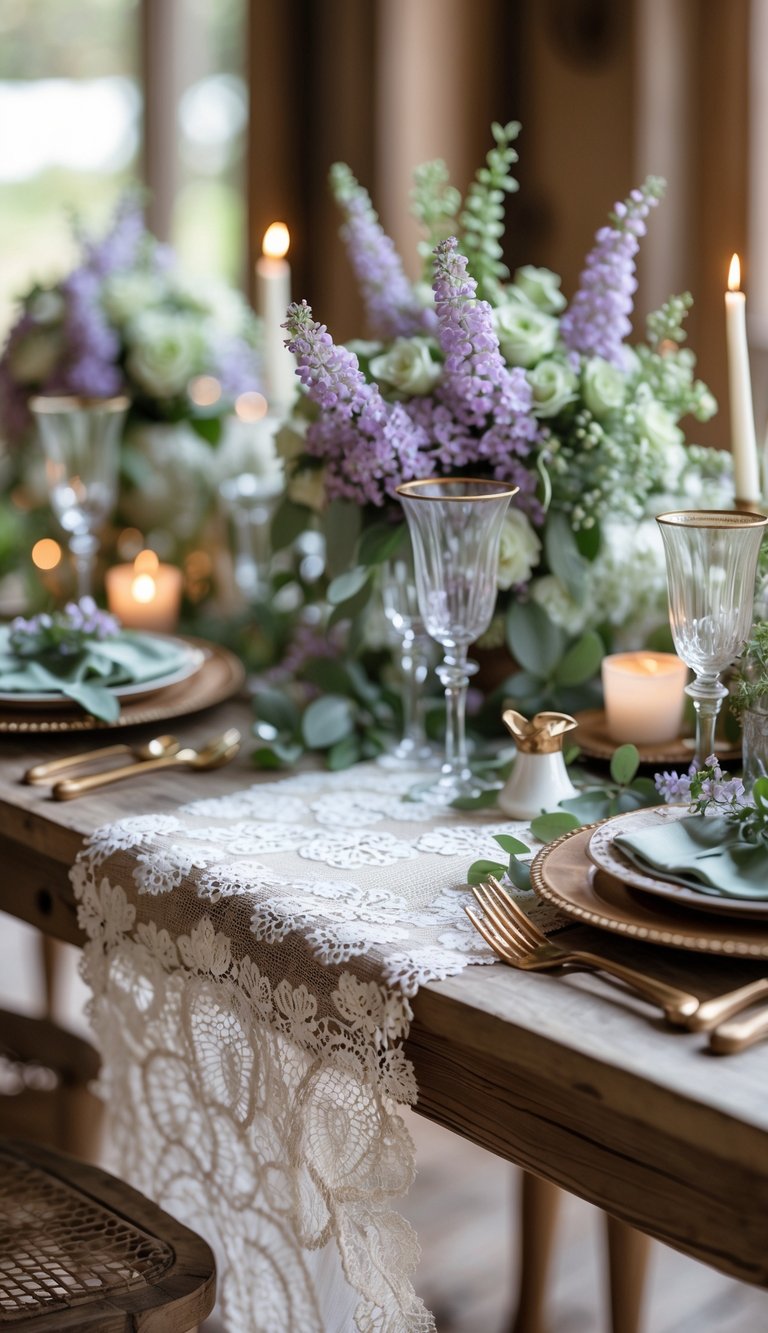 A rustic wedding table with lace and burlap runners, decorated with lilac flowers and sage green accents.