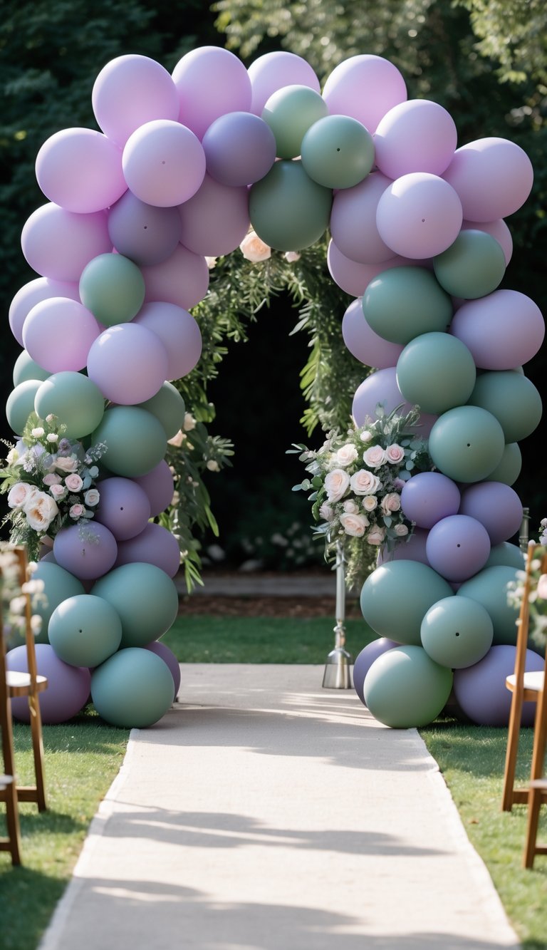 Wedding ceremony backdrop with balloon arches in lilac and sage green colors outdoors.